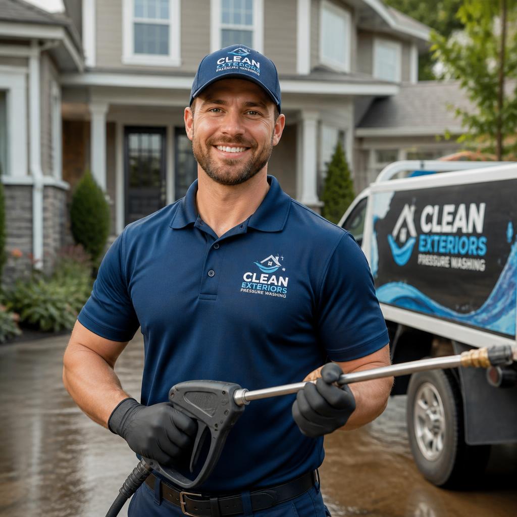 Clean Exteriors technician with pressure washer wand in front of a home